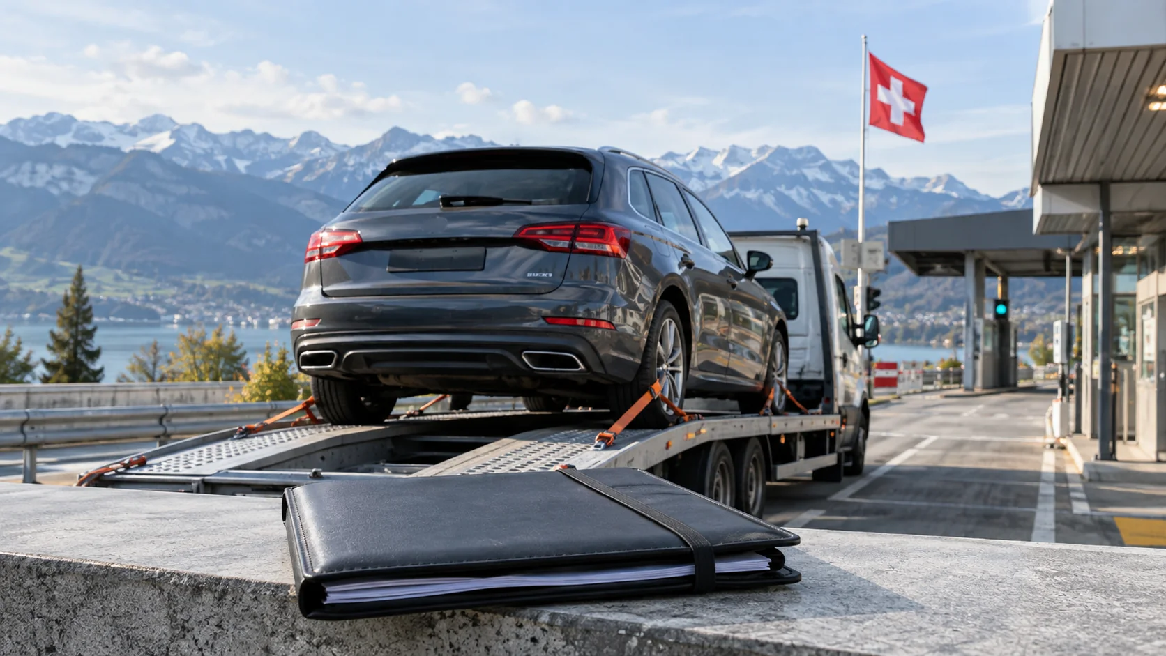 Avtomobil na avtotransporterju v Švici, z mapo dokumentov v ospredju.