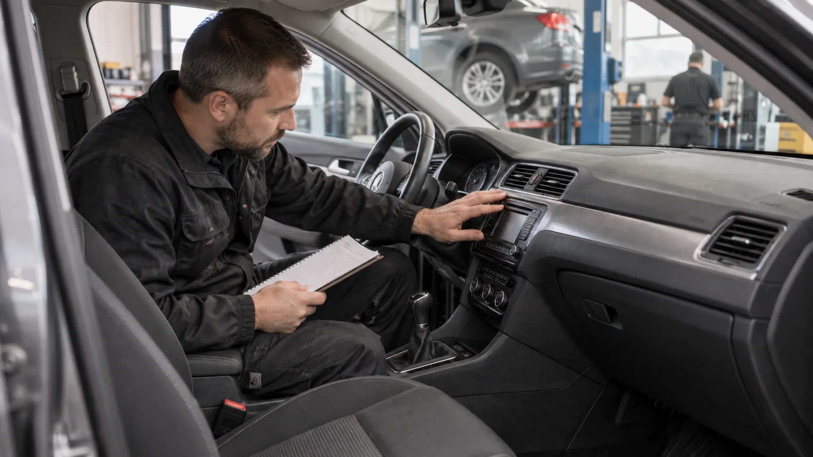 Strokovnjak preverja armaturno ploščo avtomobila in zapisuje podatke.
